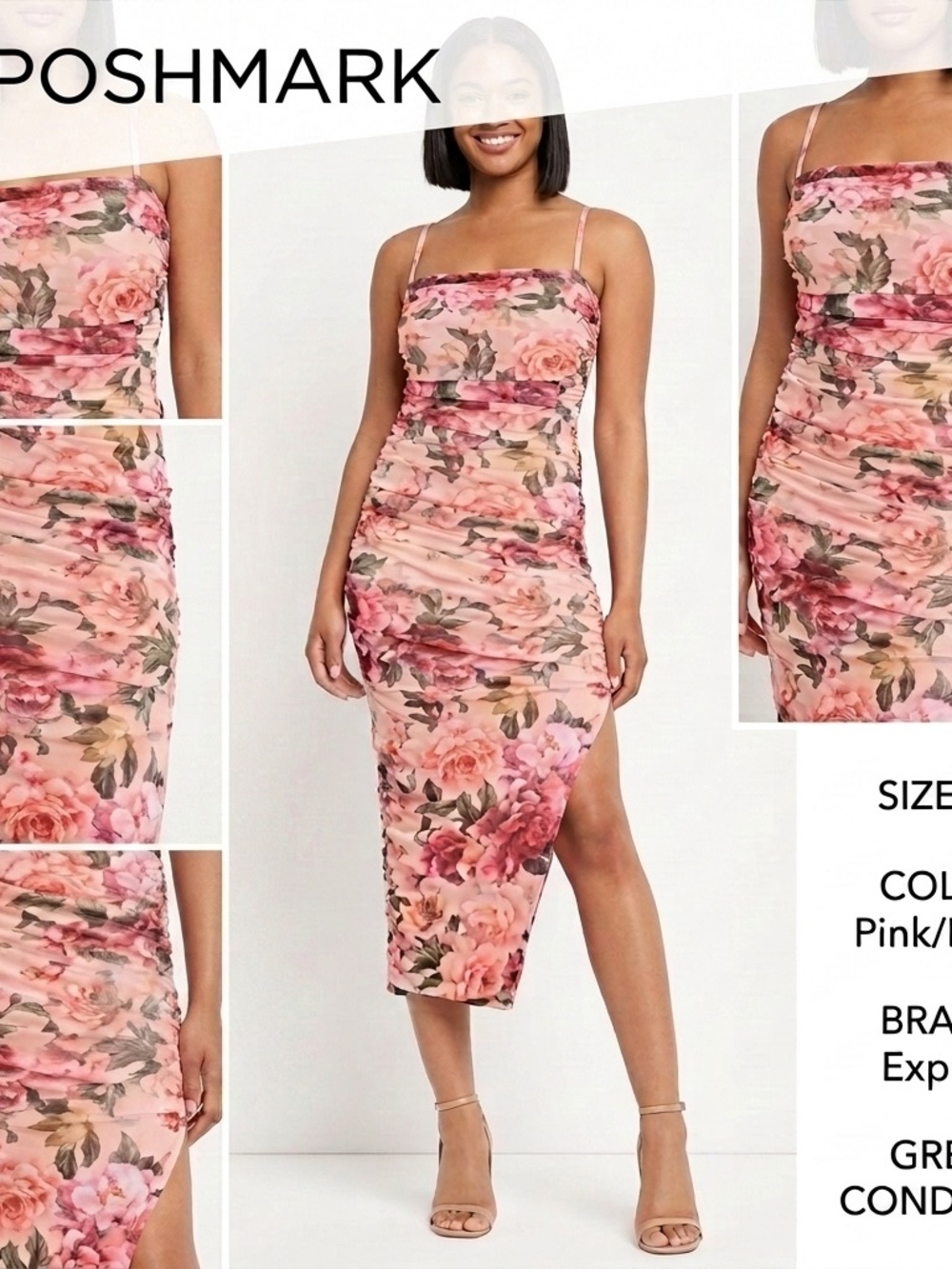 Express Pink Floral Ruched Midi Dress with Spaghetti Straps
